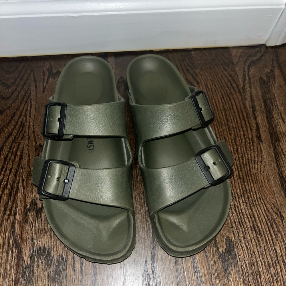 Green Slide Sandals with Buckles
